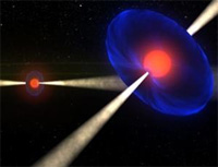 The Einstein@Home program uses idle time on computers to search for pulsars in tight orbits around other neutron stars or black holes. These pairs of objects are ideal laboratories for testing the predictions of general relativity (Illustration: Daniel Cantin/DarwinDimensions/McGill University)